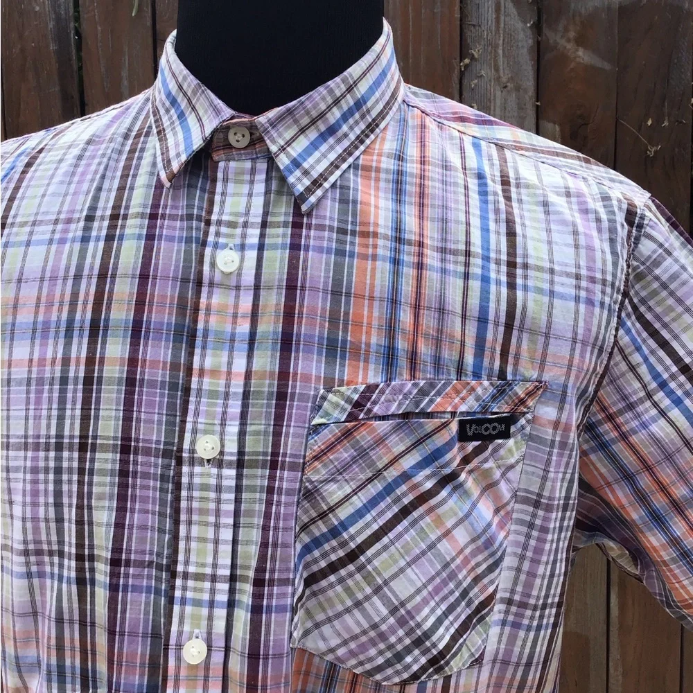 Volcom Casual Purple and Orange Plaid Button Down Shirt Item #111 - Picture 3 of 9